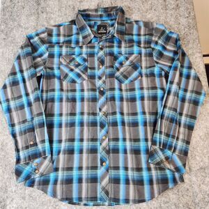 Prana Holstad Shirt Men XL Gray Long Sleeve Plaid Faux Wood Snap Pockets Western